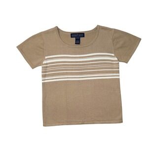 Vintage Herman Geist Tan White Striped Short Sleeve Knit Top Scoop Neck Sz S 90s